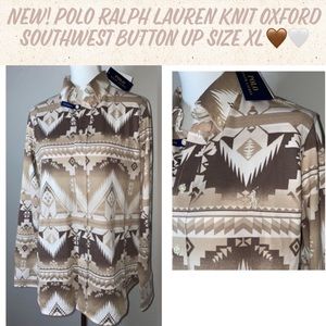 New! Polo Ralph Lauren Taupe Ombre Southwest Printed Knit Oxford Womens XL🤎🤍